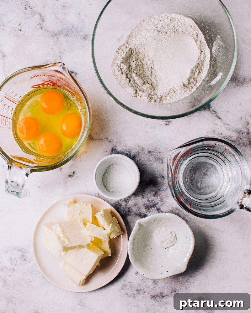 Airy French Doughnuts 4 Ingredients for making French Crullers laid out for preparation