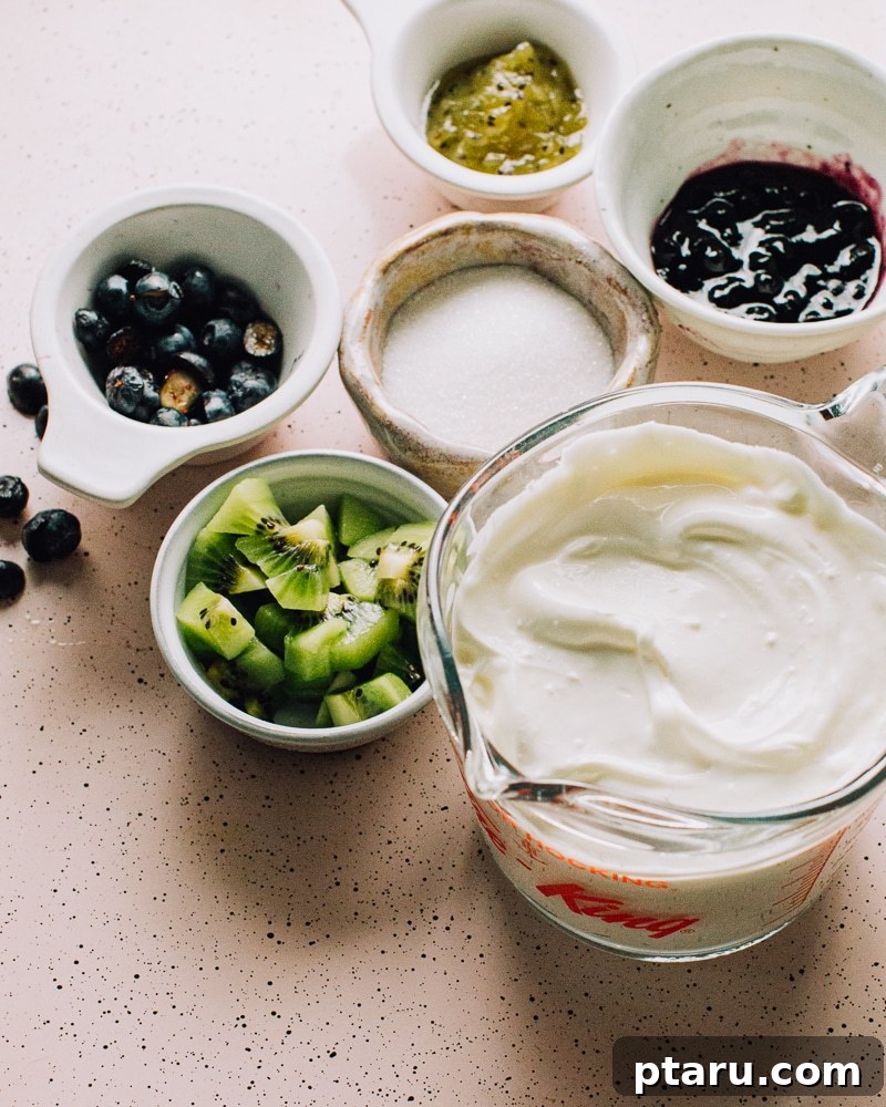 Yogurt Chill Snaps 3 Ingredients for Frozen Yogurt Bark - Greek yogurt, jam, and fresh fruit laid out.