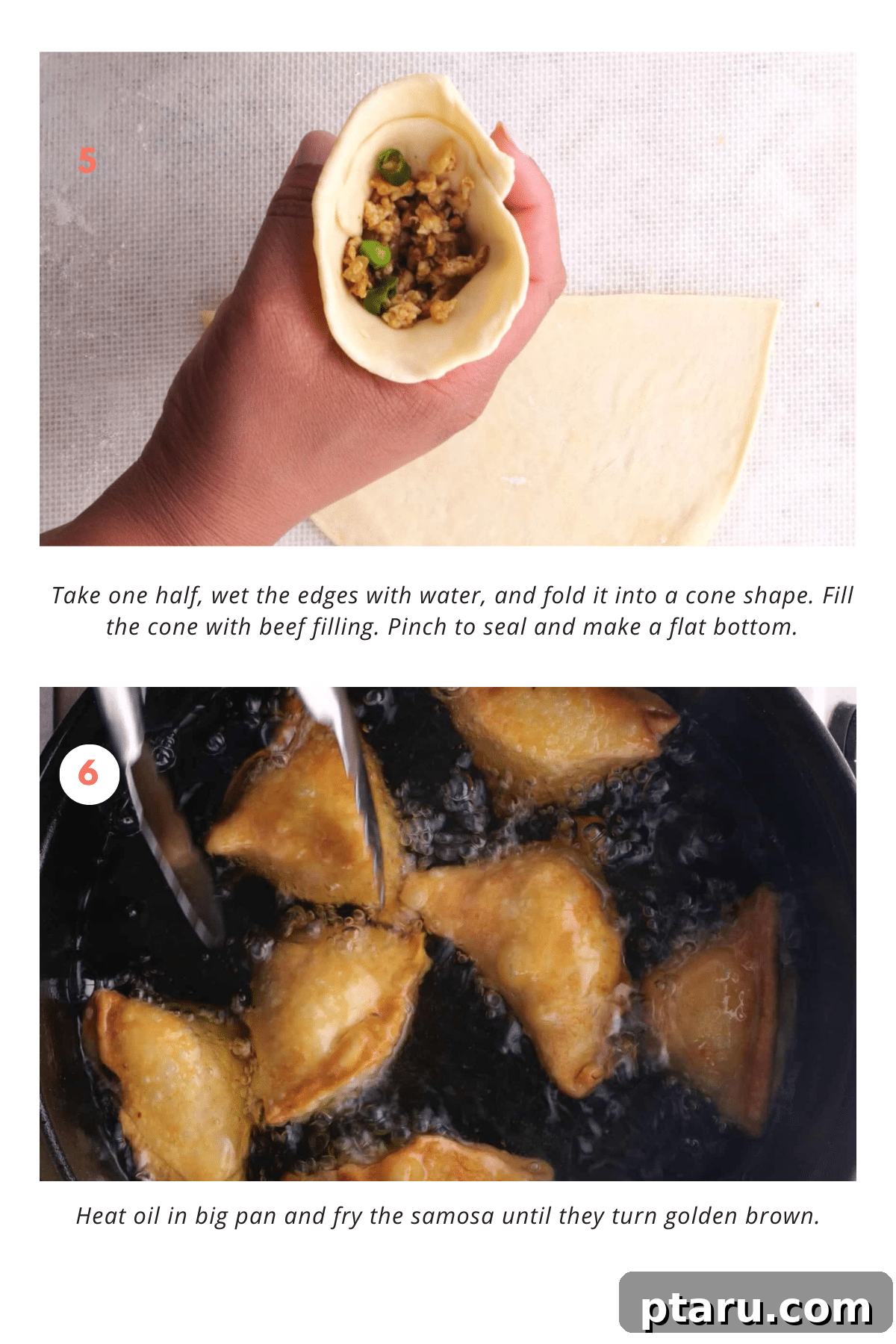 Flavorful Beef Samosas 6 Process of shaping and sealing the samosa pastry with beef filling