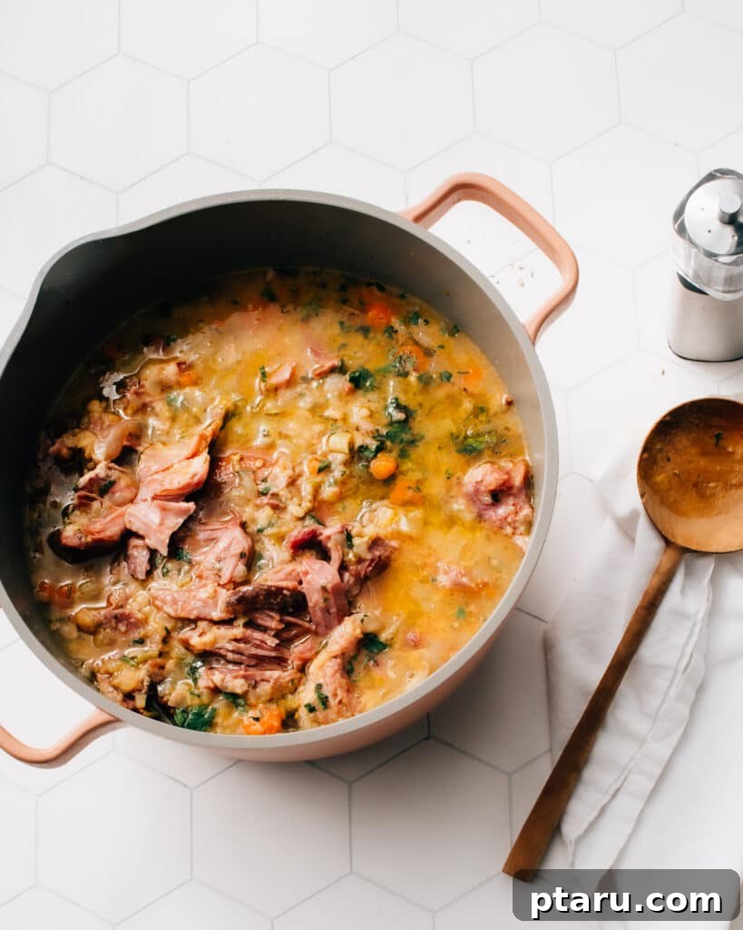 Hearty Ham and Lentil Soup 2 This Lentil Soup with Ham Recipe is a simple, comforting, healthy and mostly-hands-off recipe. It features hearty lentils, tender vegetables and fall-apart-tender ham. You can let it simmer away on the stovetop, or make it in 30 minutes in a pressure cooker.