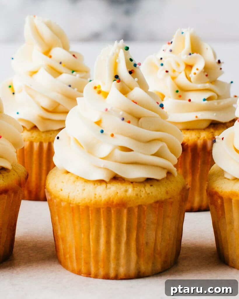 Luscious Vanilla Cupcakes 3 A trio of beautifully frosted vanilla cupcakes, highlighting their light and appealing appearance.