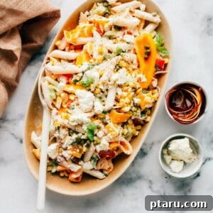 Healthy Greek Pasta Salad with Creamy Feta Dressing, ready to serve