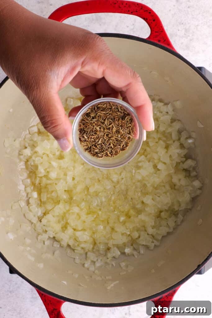Aromatic Madras Lentil Curry 4 cumin seeds and minced onions simmering in a pot