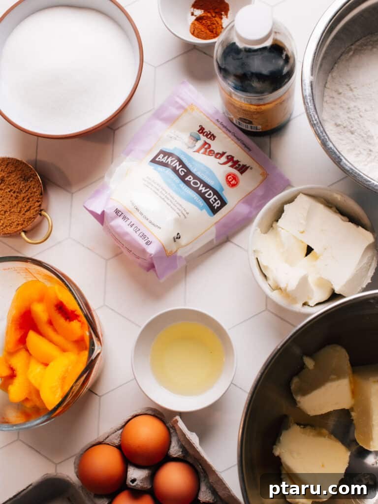 Grandma's Peach Cobbler Pound Cake 3 Ingredients for Peach Cobbler Pound Cake laid out on a kitchen counter