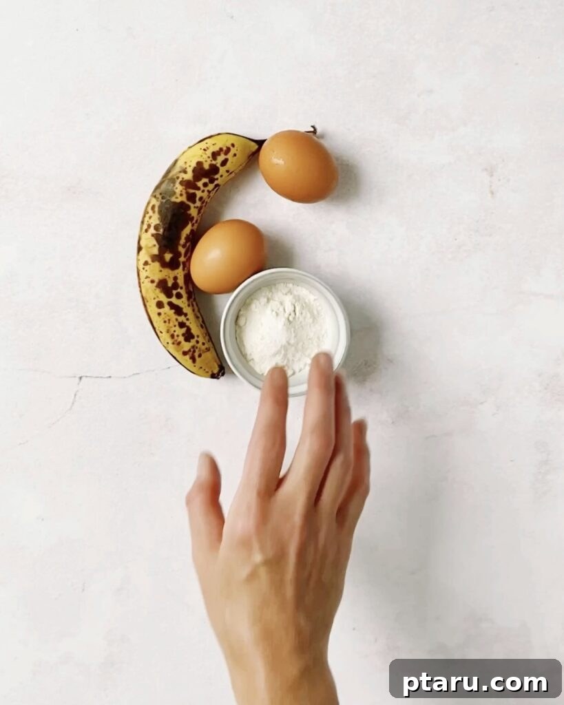 Three Ingredient Banana Pancake Delight 3 Ingredients on the counter for making 3-ingredient banana pancakes.