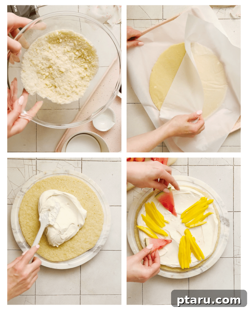 Ultimate Fruit Pizza: Cookie Crust Bliss, Cream Cheese Cloud 4 A freshly baked sugar cookie crust waiting for its cream cheese frosting and fruit toppings for an easy fruit pizza recipe.