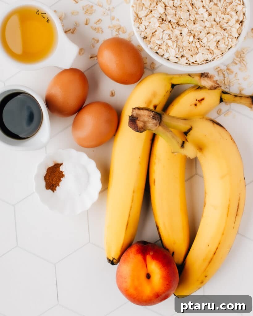 Cozy Morning Crockpot Oatmeal 4 All the wholesome ingredients laid out for preparing Crockpot Slow Cooker Baked Oats: old-fashioned oats, ripe bananas, eggs, maple syrup, and fresh peaches.