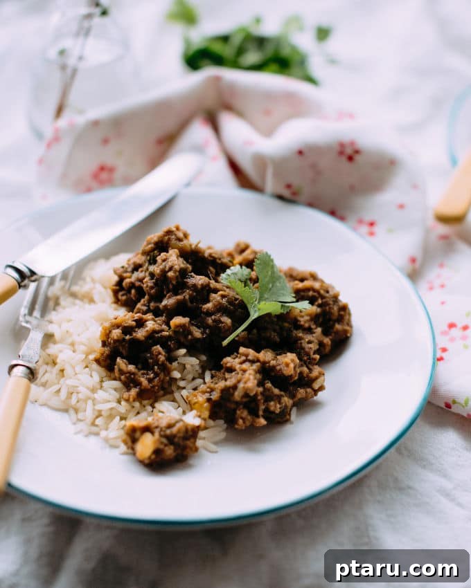 Flavorful Lamb and Potato Curry 3 Close-up of Lamb and Potato Keema Curry, rich in spices and texture