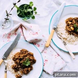 Close-up of Lamb and Potato Keema Curry, ready to be served