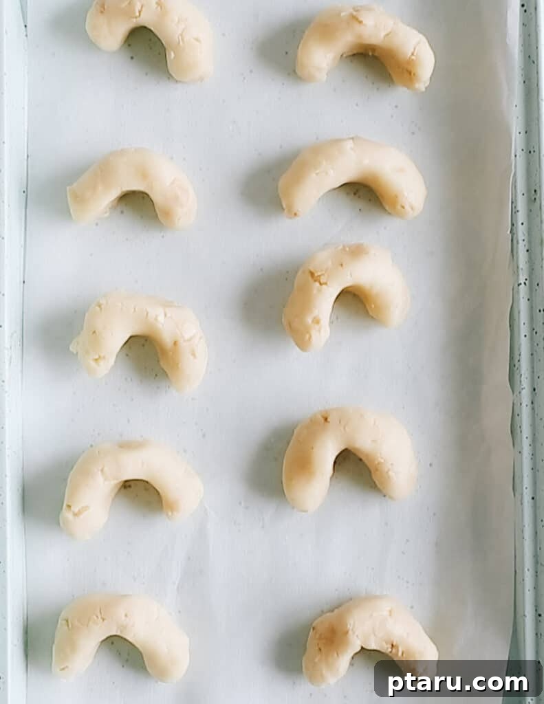 Kourabiedes Traditional Greek Christmas Butter Cookies 11 Unbaked Kourabiedes, perfectly shaped into crescents and neatly arranged on a parchment-lined baking sheet, patiently awaiting their turn in the oven.