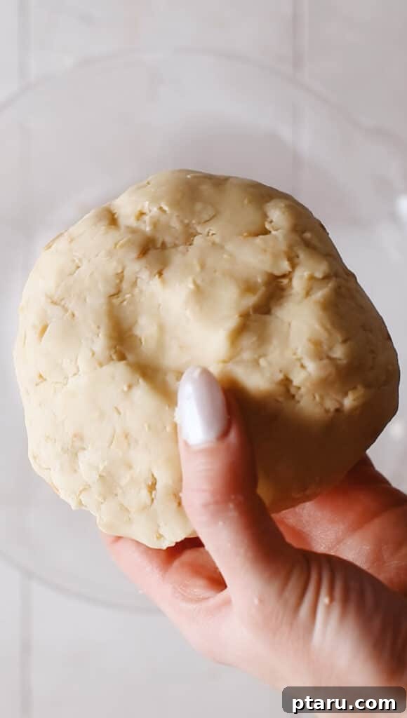 Kourabiedes Traditional Greek Christmas Butter Cookies 7 A hand holding a perfectly formed ball of Kourabiedes dough, showcasing its smooth, ready-to-be-shaped texture, symbolizing the ease of handling this delightful cookie dough.
