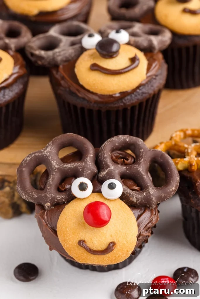 20 Deliciously Easy Chocolate Christmas Desserts 10 Charming Christmas Rudolph Reindeer Chocolate Cupcakes, each adorned with festive and edible decorations.