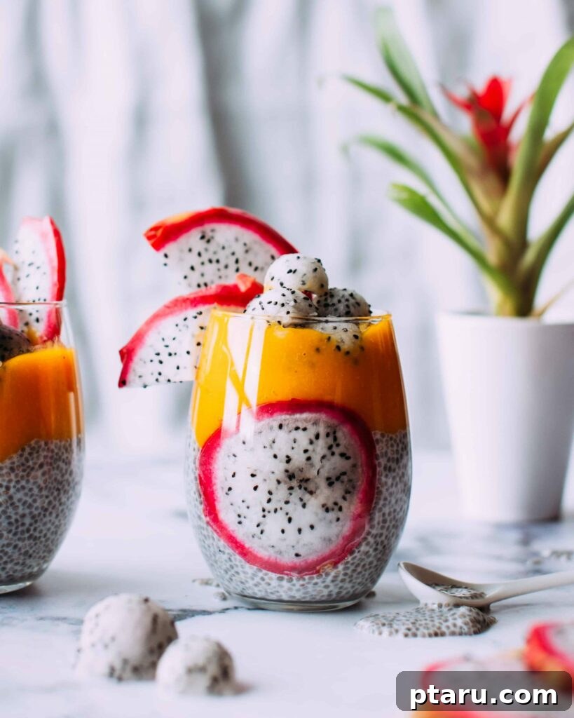 Tropical Mango Chia Pudding 2 Beautifully layered mango chia pudding in a glass jar, garnished with fresh mango chunks and mint.