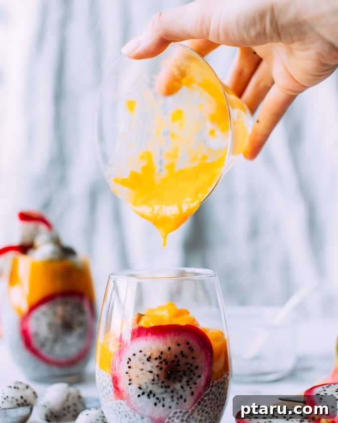 Tropical Mango Chia Pudding 4 Ingredients for mango chia pudding laid out on a table, including coconut milk, chia seeds, maple syrup, vanilla, and fresh mangoes.