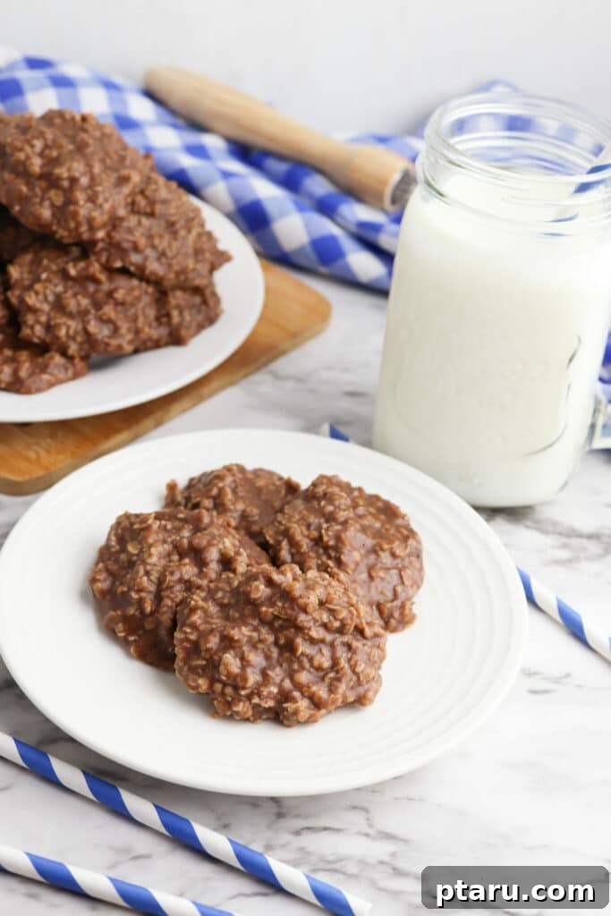 Effortless Festive Bites: 15+ No-Bake Christmas Sweets 21 No-Bake Chocolate Peanut Butter Oatmeal Cookies in a plate with a glass of milk