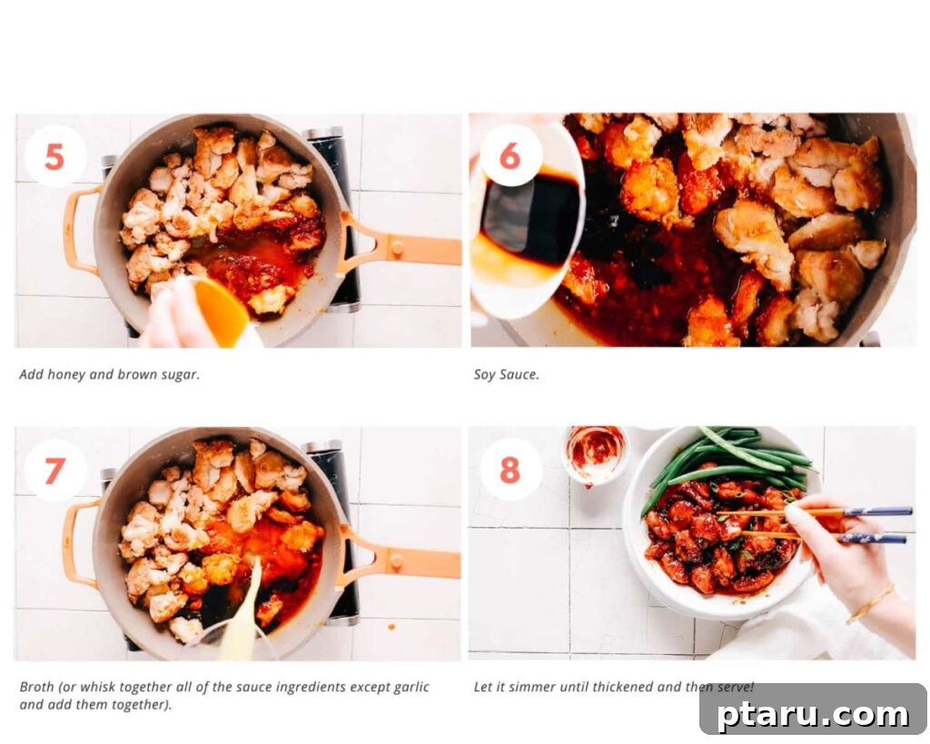 Korean Sticky Gochujang Chicken 5 Numbered photos of the last 4 steps for making gochujang chicken, illustrating sauce and garnishing.