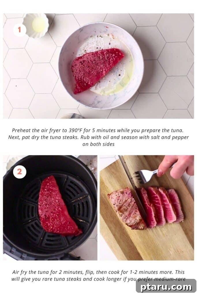 Effortless Air Fryer Tuna Steaks 4 Tuna steaks are seasoned with salt and pepper and rubbed with oil. They are air-fried for 2 minutes on one side, flipped, and cooked for an additional 1-2 minutes to achieve rare doneness. The edges will be grey and not pink.