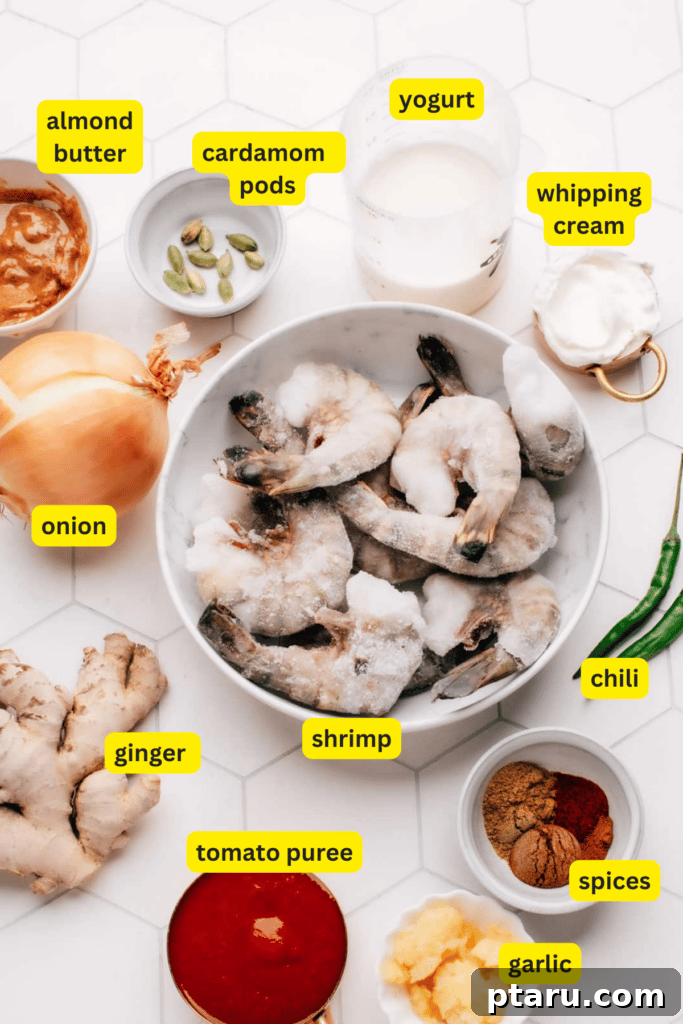 Velvety Indian Prawn Korma 3 All the fresh and vibrant ingredients for a delicious shrimp korma laid out neatly on a kitchen countertop, including spices, vegetables, and shrimp.