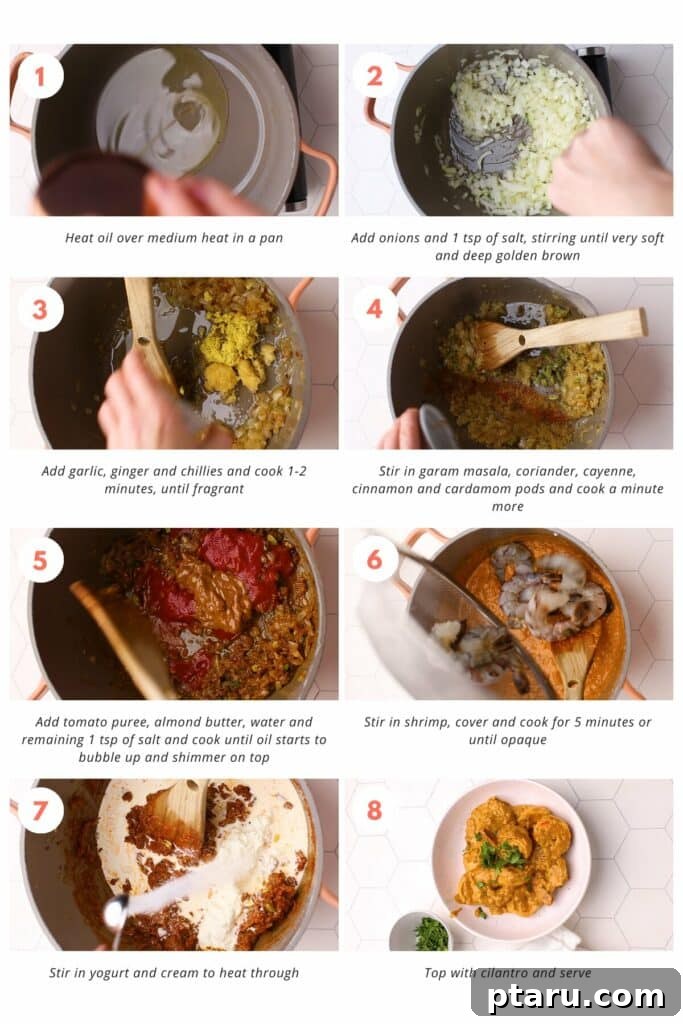 Velvety Indian Prawn Korma 4 A visual step-by-step guide illustrating the cooking process for a shrimp korma recipe, showing onions caramelizing, spices blooming, and shrimp simmering in a creamy sauce.