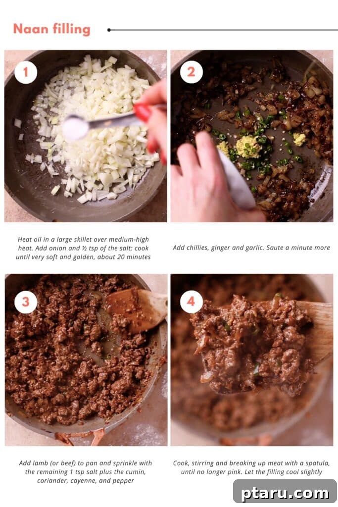 Step-by-step photo instructions to prepare a delicious keema naan filling with minced meat, onions, and spices, showing the cooking process.
