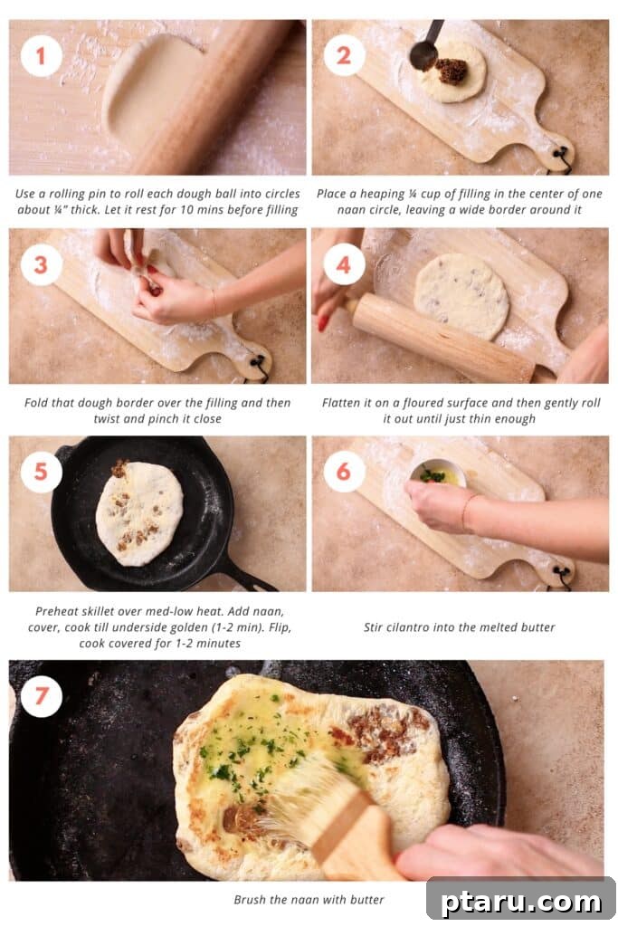 Step-by-step photo instructions to assemble a delicious keema naan, from filling in the dough to cooking on an iron skillet, highlighting the golden-brown finish.