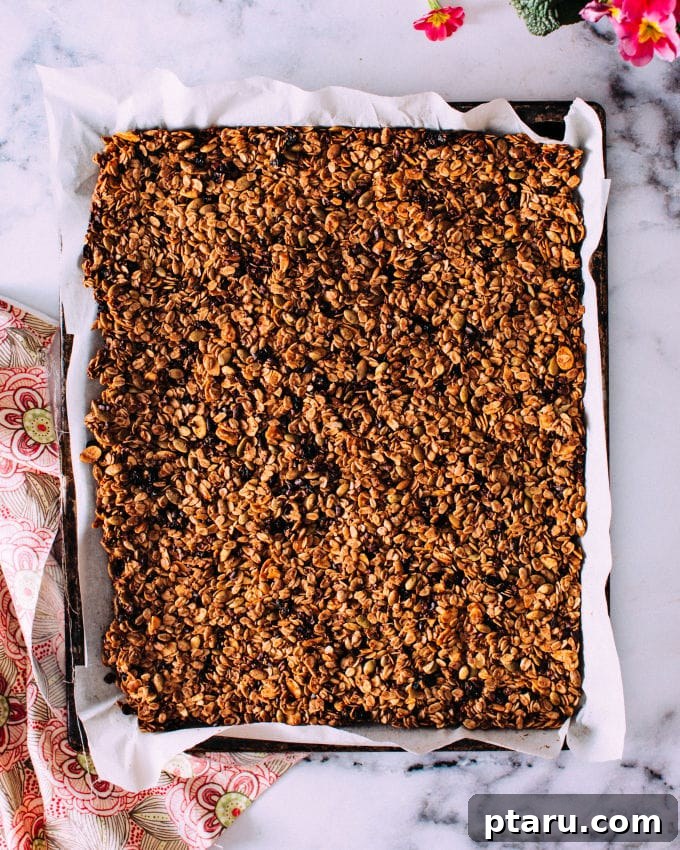 Jumbo Granola Clusters 3 A close-up of the perfectly clumpy Mega Clump Granola, ready for breakfast or snacking.