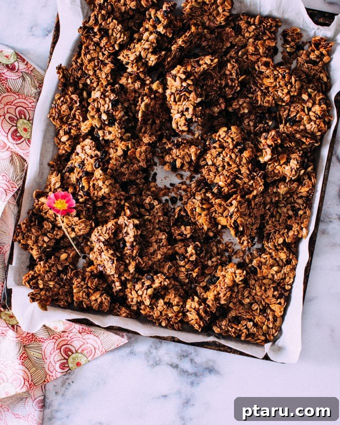 Jumbo Granola Clusters 4 Homemade granola cooling on a baking sheet, showcasing its perfect clumpy texture.