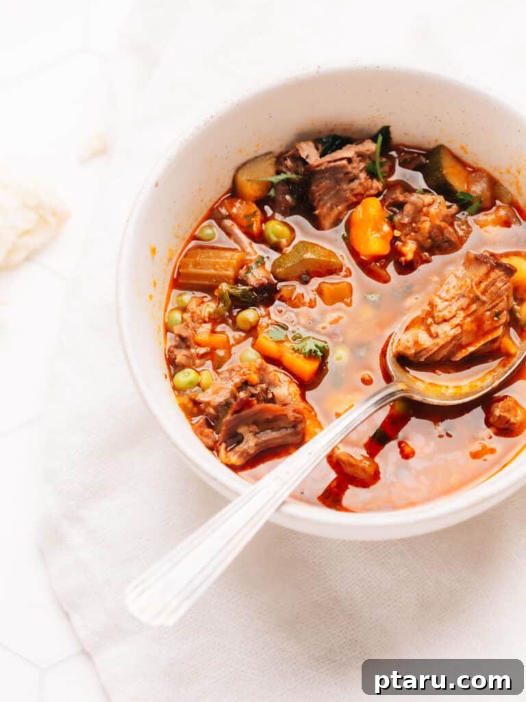 Homestyle Fork-Tender Beef and Vegetable Soup 2 A hearty bowl of Old Fashioned Vegetable Beef Soup with tender beef and colorful vegetables, served with a spoon.