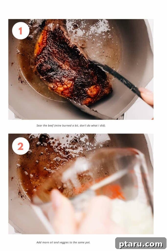 Homestyle Fork-Tender Beef and Vegetable Soup 4 Step-by-step image of searing beef for vegetable soup in a Dutch oven.