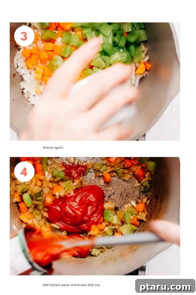 Homestyle Fork-Tender Beef and Vegetable Soup 5 Step-by-step image of sautéing vegetables for beef vegetable soup.