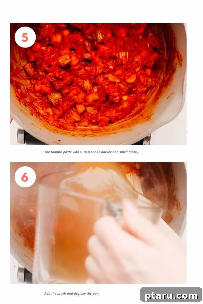 Homestyle Fork-Tender Beef and Vegetable Soup 6 Step-by-step image of browning tomato paste for beef vegetable soup.