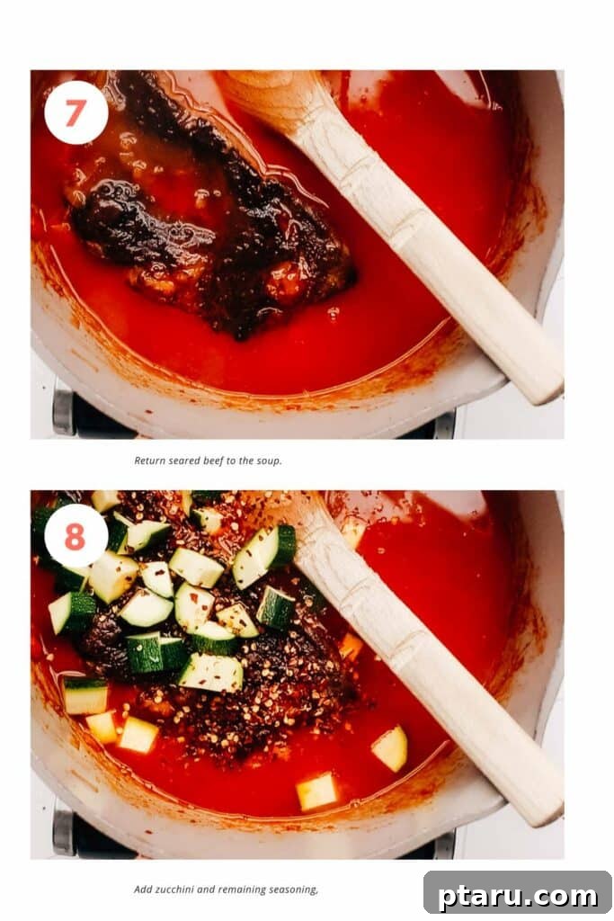 Homestyle Fork-Tender Beef and Vegetable Soup 7 Step-by-step image of combining ingredients before simmering for beef vegetable soup.