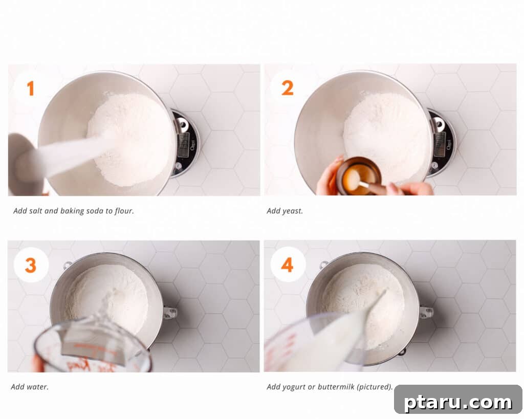 Soft Butter Naan 3 Collage of first 4 steps for making butter naan, showing ingredients mixing and dough forming.
