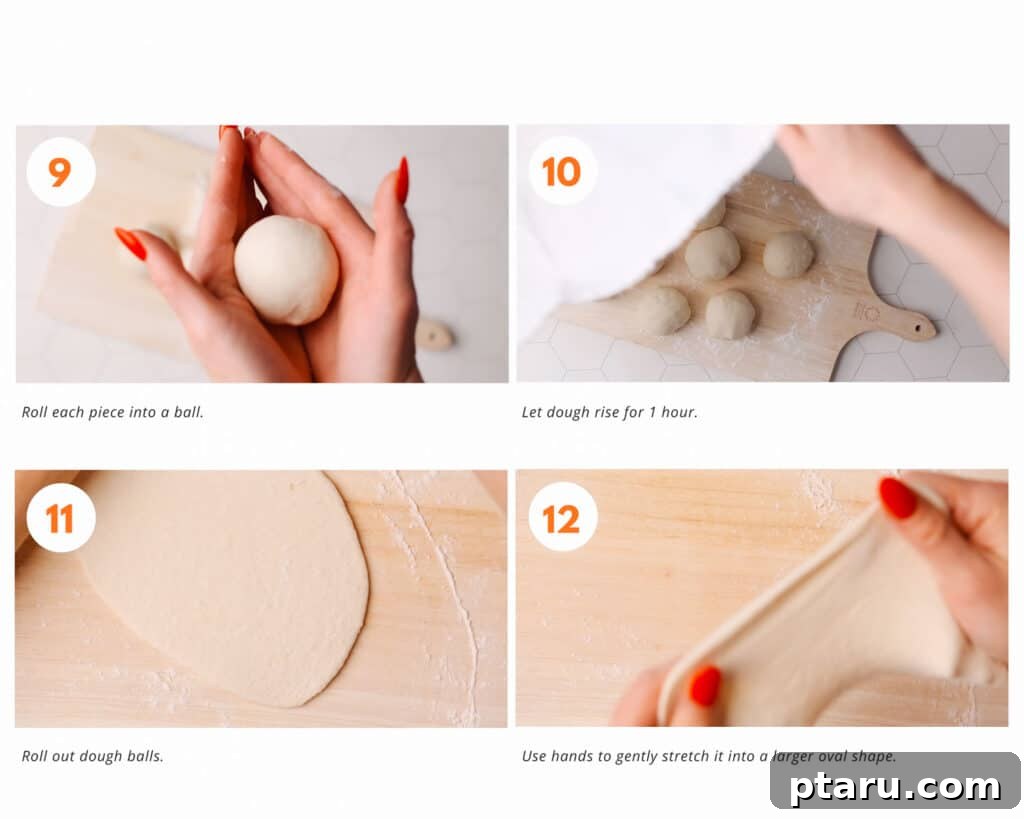 Soft Butter Naan 5 Collage of steps 9-12 for making butter naan, showing rolling dough and preparing to cook.