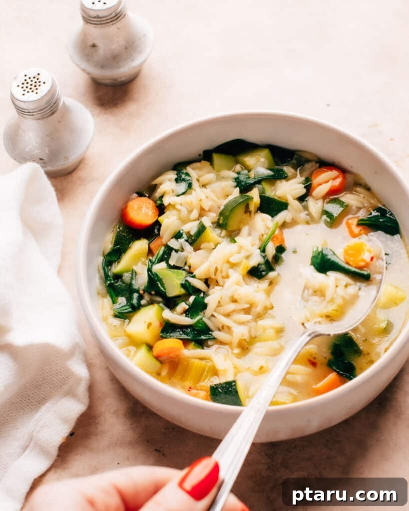Vibrant Veggie Orzo Soup 2 A beautiful white bowl filled with steamy vegetable orzo soup, a spoon poised and ready to scoop up the deliciousness. The vibrant colors of the vegetables are visible.