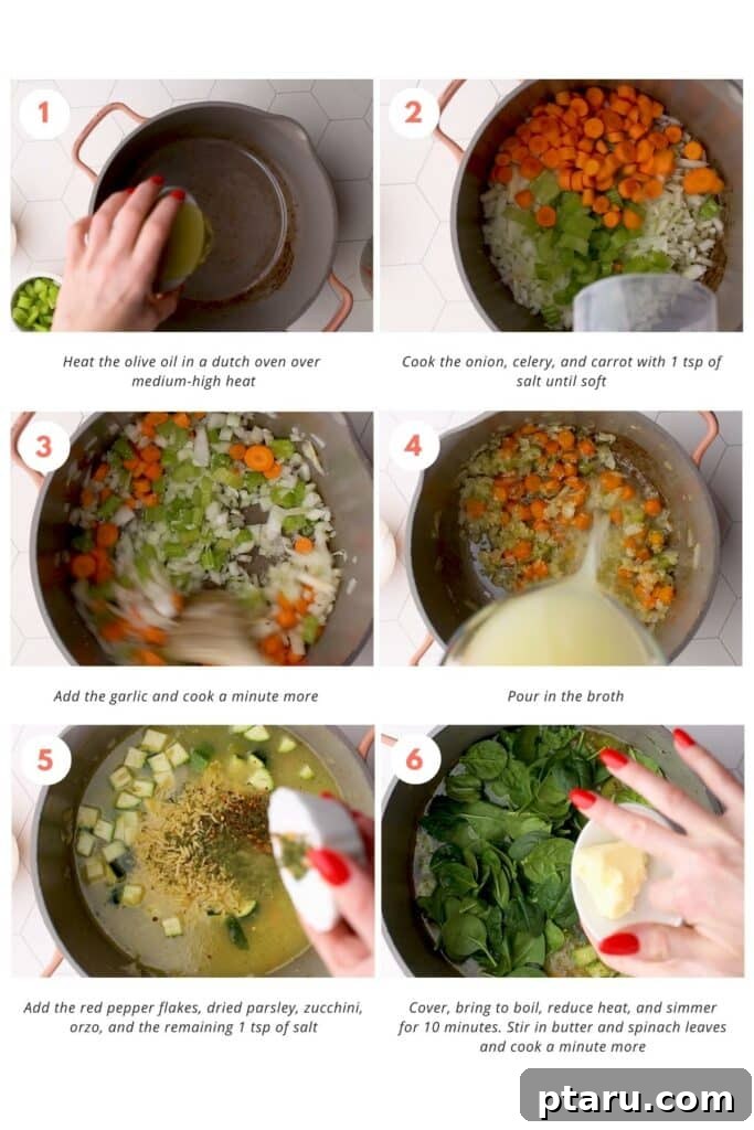 Vibrant Veggie Orzo Soup 4 A sequence of three images depicting the step-by-step process of making vegetable orzo soup: first, sautéing vegetables in a pot; second, adding broth and other ingredients; and third, the finished soup simmering in the pot.