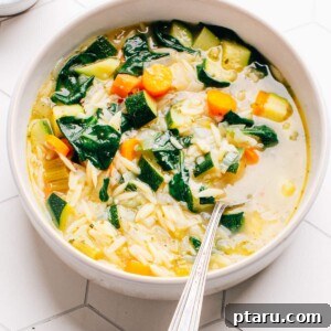 A bowl of vegetable orzo soup ready to be served, garnished with fresh herbs.