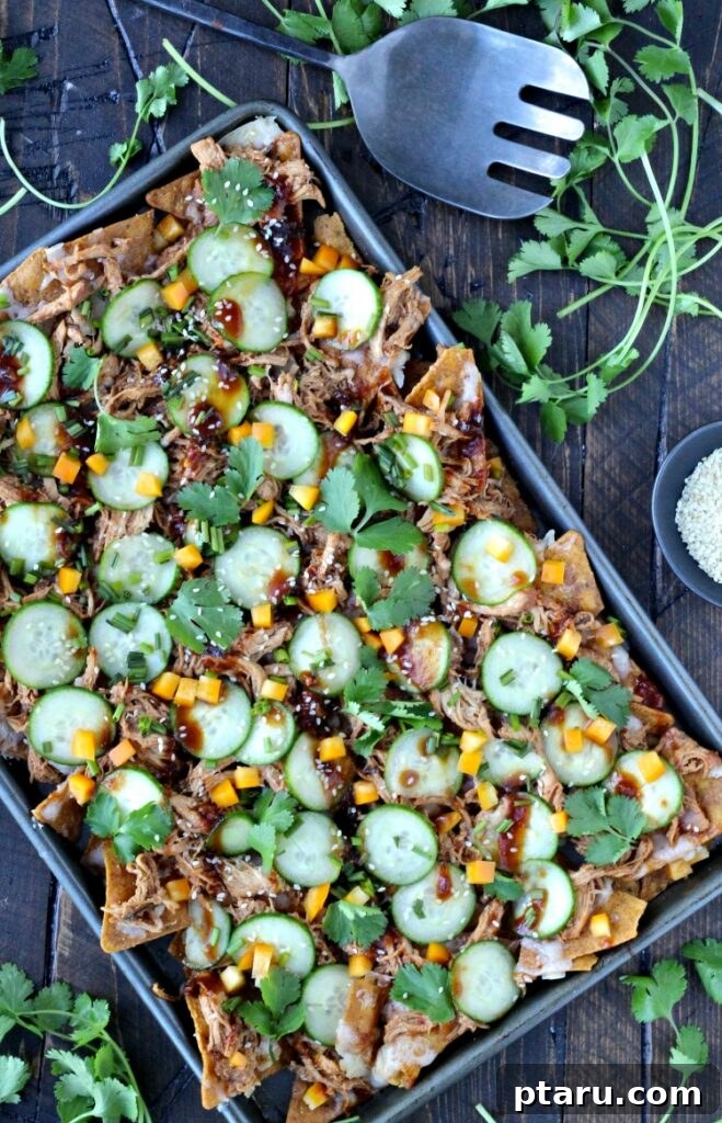 Epic Game Day Nachos: 15 Simple Recipes for Your Crowd 13 A top-down view of artfully arranged Asian pulled chicken nachos with a serving spoon, highlighting the unique toppings.