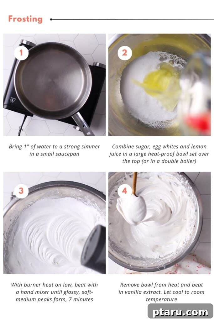 Zesty Lemon Dream Cake 11 Step-by-step instructions for crafting a light and airy 7-minute whipped frosting, demonstrating the process of combining ingredients and whipping until fluffy for the Lemon Curd Cake.