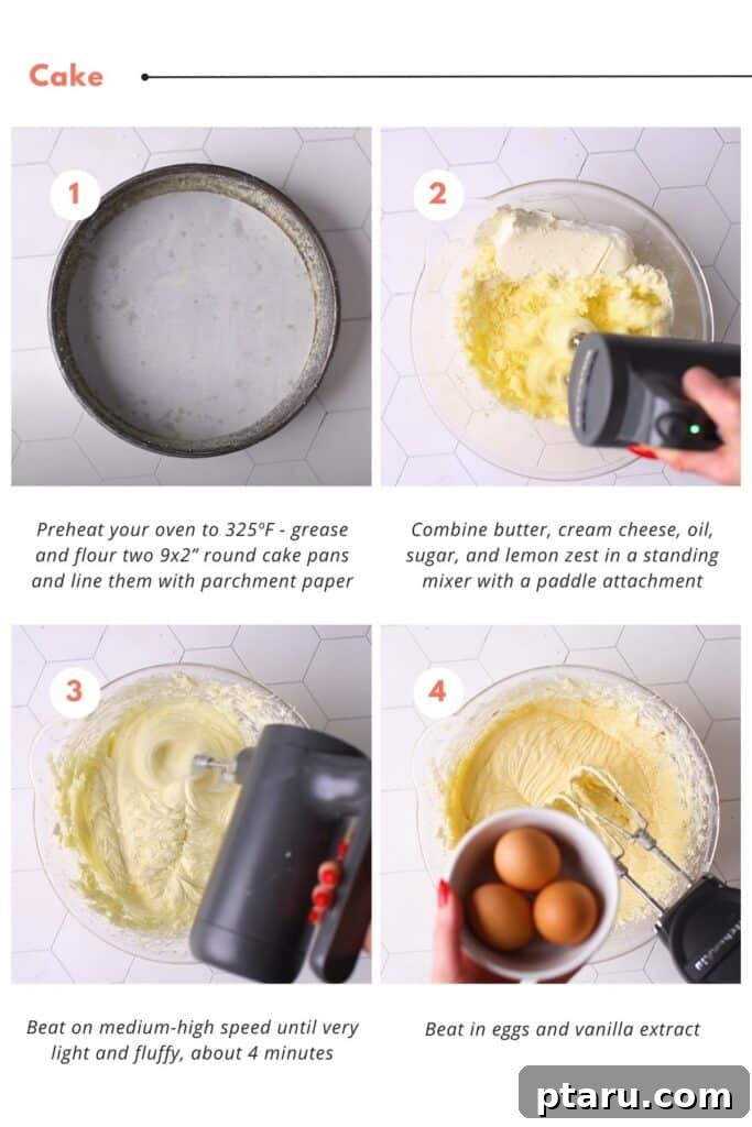 Zesty Lemon Dream Cake 7 Step-by-step visuals illustrating the preparation of a lemon curd cake, specifically focusing on pre-heating the oven and the initial mixing of wet ingredients in a stand mixer.