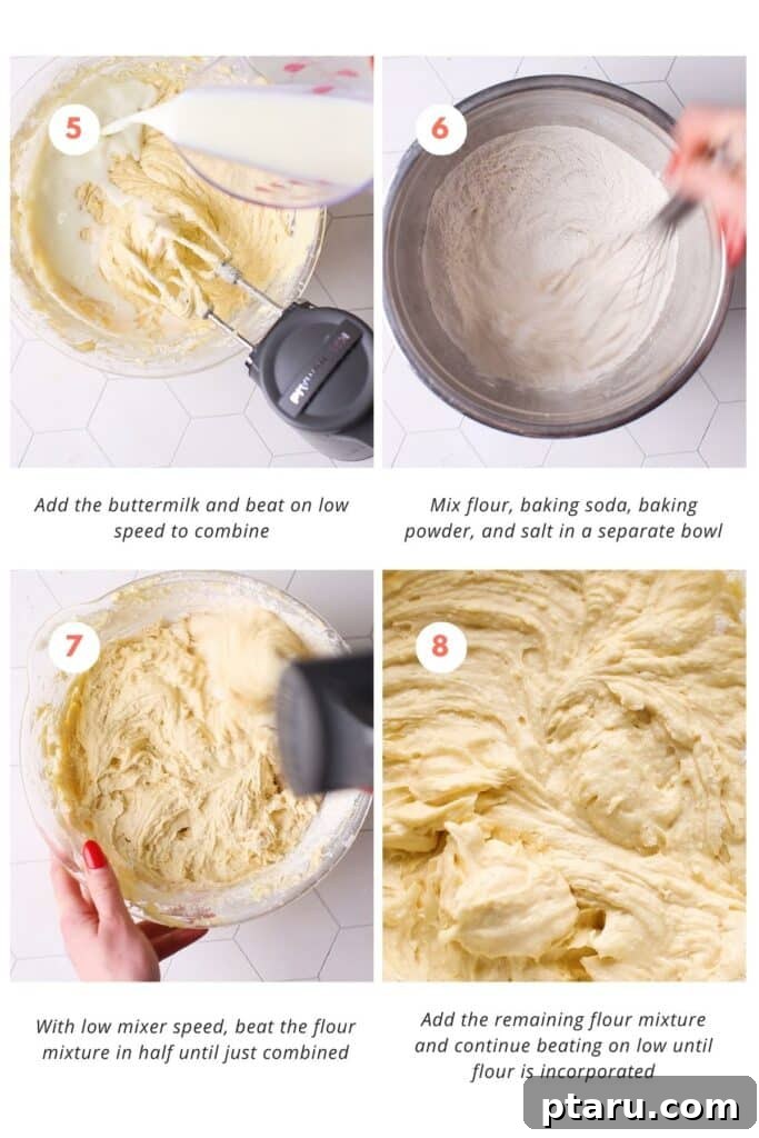 Zesty Lemon Dream Cake 8 Detailed step-by-step instructions for preparing a lemon curd cake, showcasing the process of whisking dry ingredients in a separate bowl and then carefully combining them with the wet ingredients in a stand mixer until just incorporated.