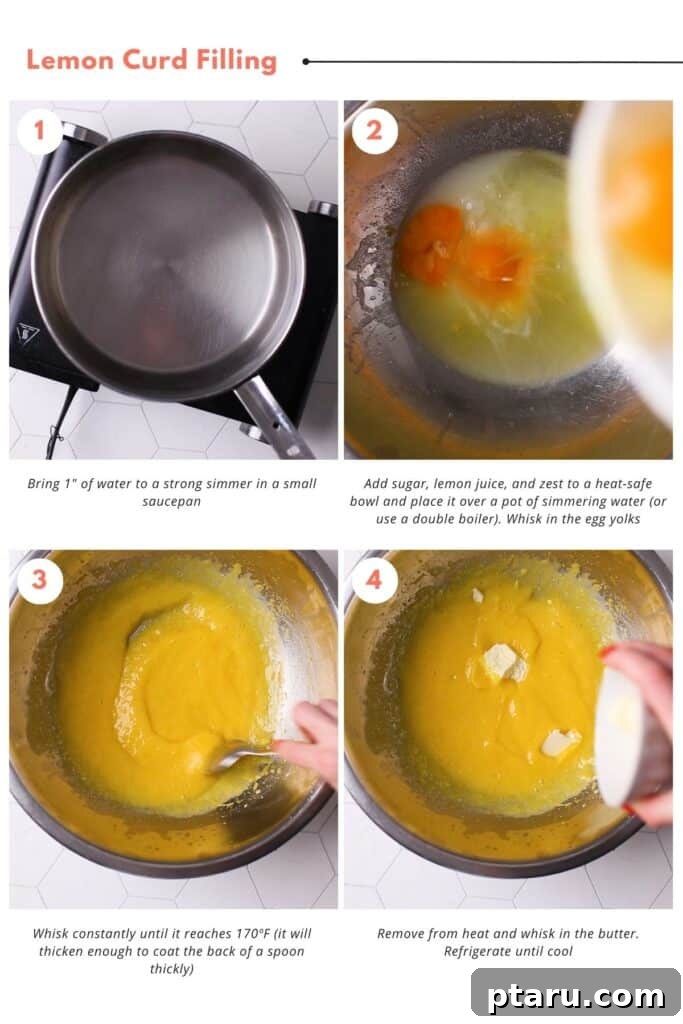 Zesty Lemon Dream Cake 10 Step-by-step instructions visually depicting the process of making lemon curd filling, combining ingredients like sugar, lemon juice, zest, egg yolks, and butter to achieve a smooth, creamy texture.