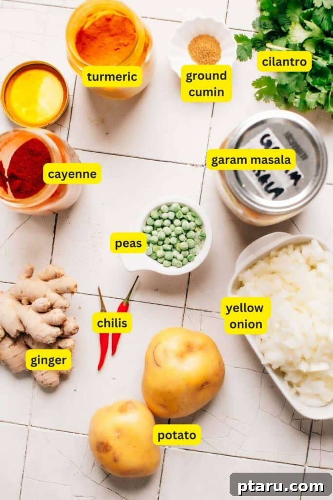Potato Masala Curry: A Simple Homestyle Delight 3 Ingredients for potato masala laid out on a kitchen countertop, including potatoes, onion, peas, chilis, ginger, garam masala, cayenne, turmeric, ground cumin and fresh cilantro.