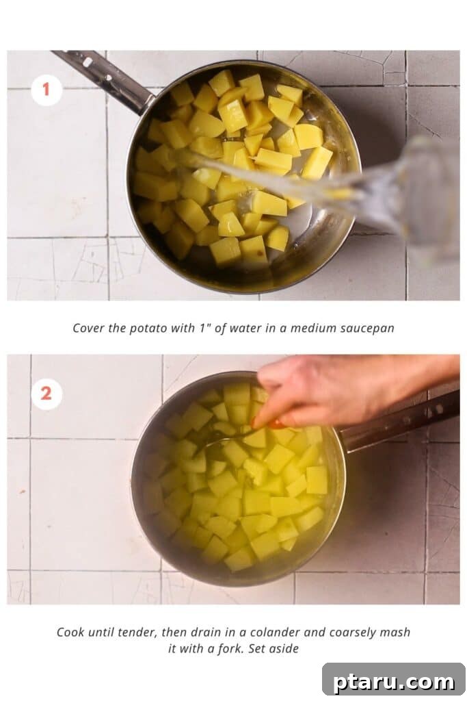 Potato Masala Curry: A Simple Homestyle Delight 4 Potatoes are cooked in a saucepan as part of the aloo masala recipe. The saucepan is filled with water and sliced potatoes, which are cooked over medium heat until they become soft and tender.