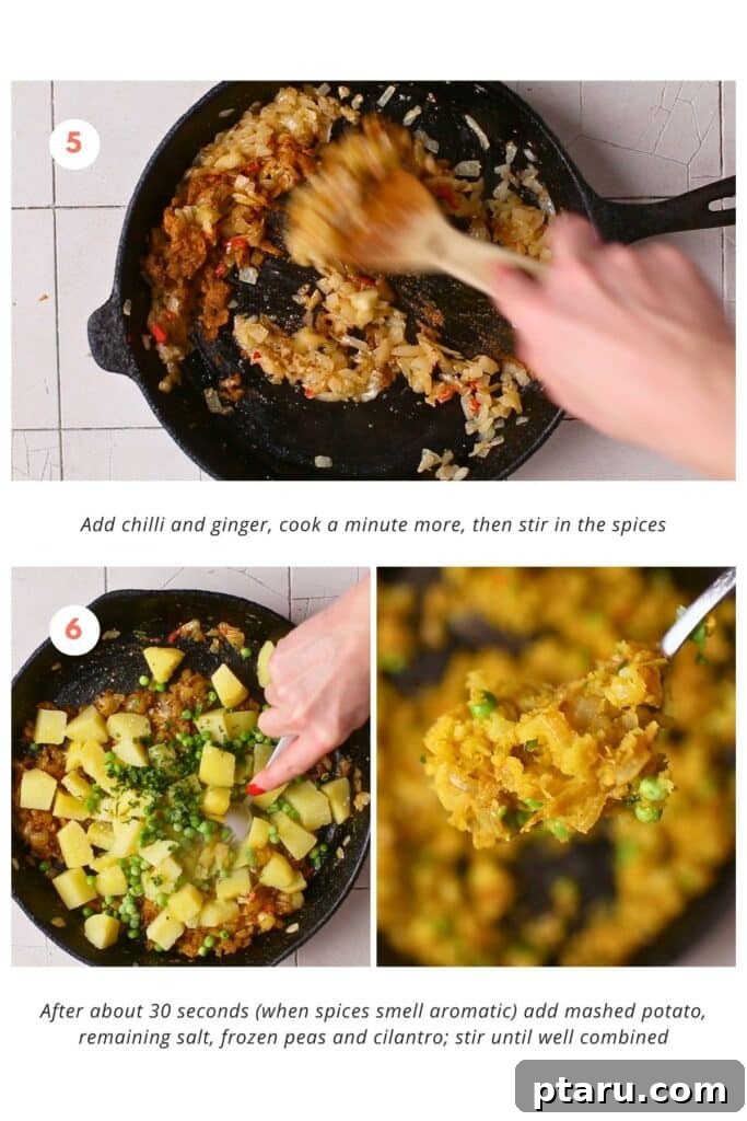 Potato Masala Curry: A Simple Homestyle Delight 6 Spices are being stirred into a pan with sautéed onions, followed by mashed potatoes, peas, salt, and cilantro. The image shows the ingredients being mixed together in the pan, with a wooden spoon to combine them thoroughly. The final result is a fragrant and flavorful masala that can be used to make a variety of Indian dishes, such as aloo samosas or naan.