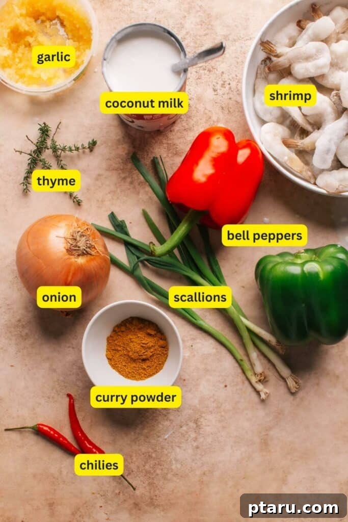 Island Soul Shrimp Curry 3 A colorful arrangement of fresh ingredients including yellow onion, green and red bell peppers, scallions, garlic cloves, scotch bonnet pepper, a can of coconut milk, and a bowl of curry powder and fresh thyme sprigs, ready for making Jamaican Curry Shrimp.