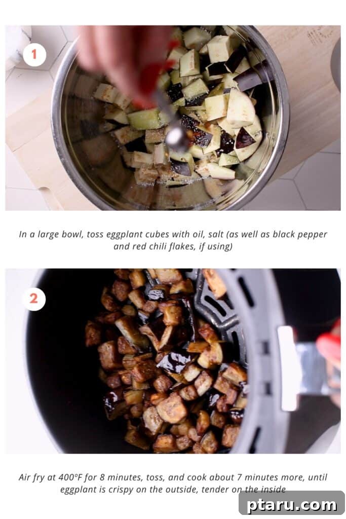 Perfectly Crispy Air-Fried Eggplant 4 Step-by-step photographic instructions showing how to prepare, season, and air fry eggplant cubes until they are perfectly crispy and golden brown.