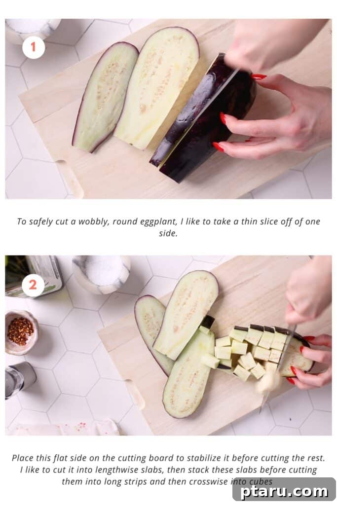 Perfectly Crispy Air-Fried Eggplant 5 A step-by-step visual guide demonstrating the safest and most efficient way to cut and prepare a round, wobbly eggplant into uniform pieces.