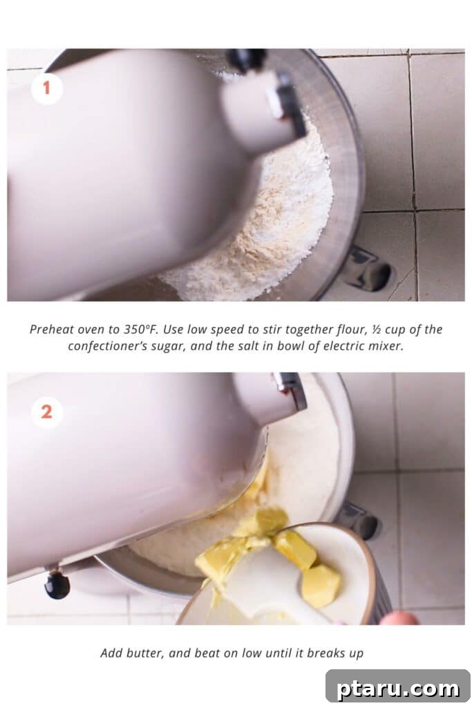 Tangy Lemon Curd Delights 5 In the bowl of an electric mixer, dry ingredients including flour, confectioners' sugar, and salt are being gently stirred on low speed, followed by the addition of softened butter.