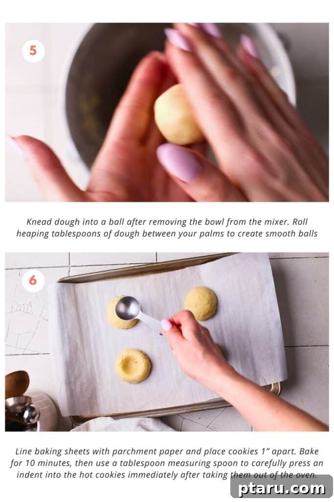 Tangy Lemon Curd Delights 6 Freshly rolled cookie dough balls are arranged on a parchment-lined baking sheet. After baking, a tablespoon is used to create a perfect indentation in each warm shortbread cookie.